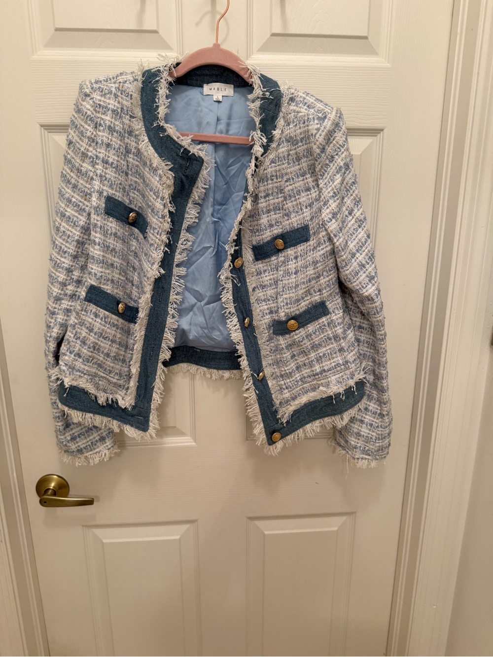 MARBLE Light Blue & Cream Tweed Fringe-Trim Jacket